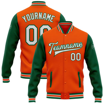 FUNSTUFFPRINT Custom Orange White-Kelly Green Bomber Full-Snap Varsity Letterman Two Tone Jacket 3D Baseball Jacket