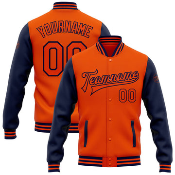 FUNSTUFFPRINT Custom Orange Navy Bomber Full-Snap Varsity Letterman Two Tone Jacket 3D Baseball Jacket