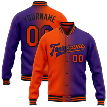 FUNSTUFFPRINT Custom Purple Orange-Black Bomber Full-Snap Varsity Letterman Gradient Fashion Jacket 3D Baseball Jacket