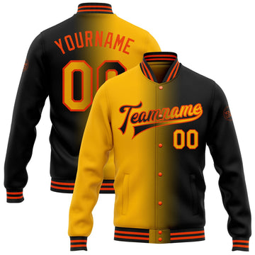 FUNSTUFFPRINT Custom Black Gold-Orange Bomber Full-Snap Varsity Letterman Gradient Fashion Jacket 3D Baseball Jacket