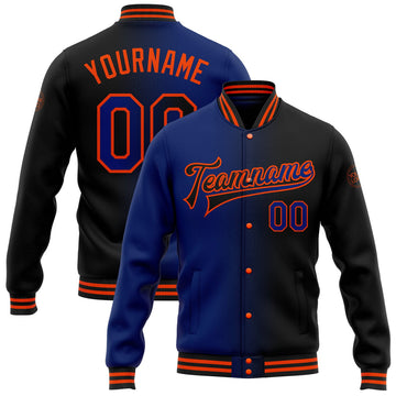 FUNSTUFFPRINT Custom Black Royal-Orange Bomber Full-Snap Varsity Letterman Gradient Fashion Jacket 3D Baseball Jacket