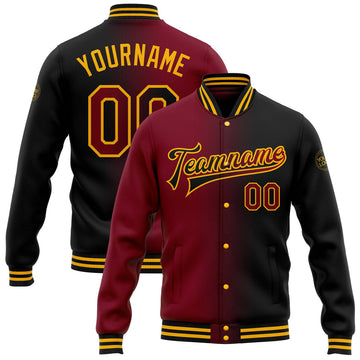 FUNSTUFFPRINT Custom Black Crimson-Gold Bomber Full-Snap Varsity Letterman Gradient Fashion Jacket 3D Baseball Jacket