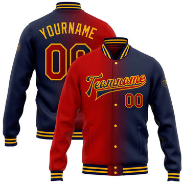 FUNSTUFFPRINT Custom Navy Red-Gold Bomber Full-Snap Varsity Letterman Gradient Fashion Jacket 3D Baseball Jacket