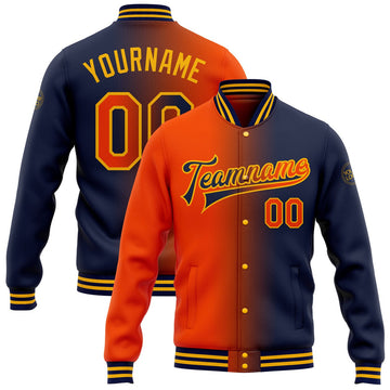 FUNSTUFFPRINT Custom Navy Orange-Gold Bomber Full-Snap Varsity Letterman Gradient Fashion Jacket 3D Baseball Jacket