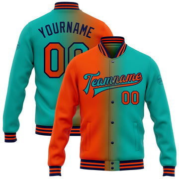 FUNSTUFFPRINT Custom Aqua Orange-Navy Bomber Full-Snap Varsity Letterman Gradient Fashion Jacket 3D Baseball Jacket