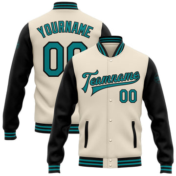 FUNSTUFFPRINT Custom Cream Teal-Black Bomber Full-Snap Varsity Letterman Two Tone Jacket 3D Baseball Jacket