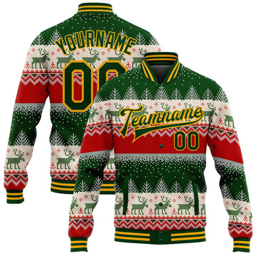 FUNSTUFFPRINT Custom Green Gold Christmas Reindeers 3D Bomber Full-Snap Varsity Letterman Jacket 3D Baseball Jacket