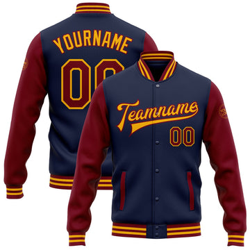 FUNSTUFFPRINT Custom Navy Crimson-Gold Bomber Full-Snap Varsity Letterman Two Tone Jacket 3D Baseball Jacket