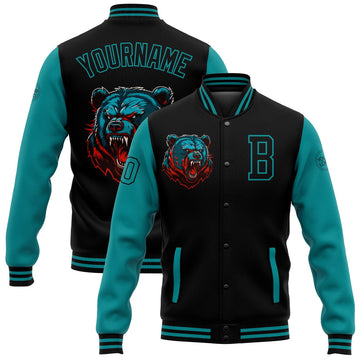 FUNSTUFFPRINT Custom Black Teal 3D Pattern Design Bomber Full-Snap Varsity Letterman Jacket 3D Baseball Jacket