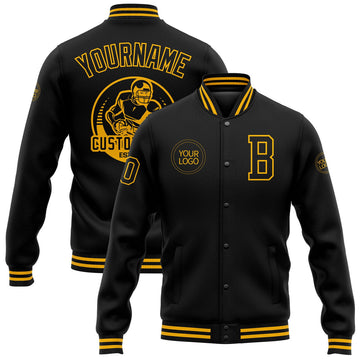 FUNSTUFFPRINT Custom Black Gold Bomber Full-Snap Varsity Letterman Jacket 3D Baseball Jacket
