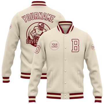 FUNSTUFFPRINT Custom Cream Maroon Bomber Full-Snap Varsity Letterman Jacket 3D Baseball Jacket