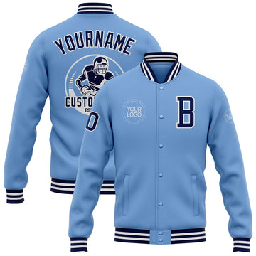 FUNSTUFFPRINT Custom Light Blue Navy-White Bomber Full-Snap Varsity Letterman Jacket 3D Baseball Jacket