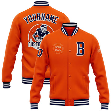 FUNSTUFFPRINT Custom Orange Navy-White Bomber Full-Snap Varsity Letterman Jacket 3D Baseball Jacket