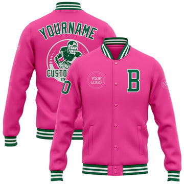 FUNSTUFFPRINT Custom Pink Kelly Green-White Bomber Full-Snap Varsity Letterman Jacket 3D Baseball Jacket
