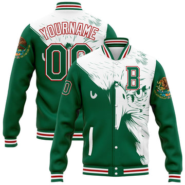 FUNSTUFFPRINT Custom Kelly Green White-Red Eagle Mexico 3D Bomber Full-Snap Varsity Letterman Jacket 3D Baseball Jacket