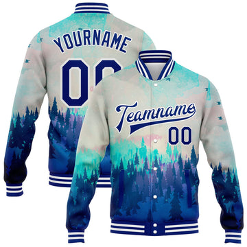 FUNSTUFFPRINT Custom Royal White Daylight Forest 3D Pattern Design Bomber Full-Snap Varsity Letterman Jacket 3D Baseball Jacket