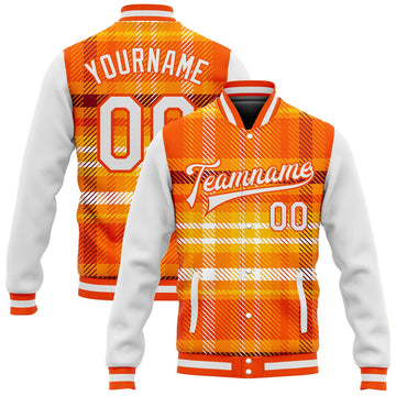 FUNSTUFFPRINT Custom Orange White Check Board 3D Pattern Design Bomber Full-Snap Varsity Letterman Jacket 3D Baseball Jacket