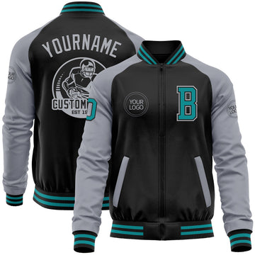 FUNSTUFFPRINT Custom Black Teal-Gray Bomber Varsity Letterman Two Tone Zipper Jacket 3D Baseball Jacket