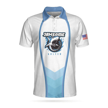 Jawsome Golfer Shark Golf Short Sleeve Polo Shirt, American Flag Polo Shirt, Best Golf Shirt For Men