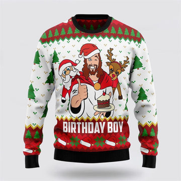 FUNSTUFFPRINT Jesus Birthday Boy Ugly Christmas Sweater – Gifts For Christians Ugly Sweater