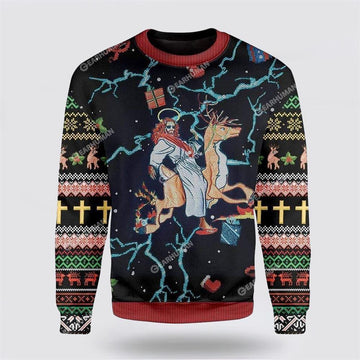 FUNSTUFFPRINT Jesus Riding Reindeer Black Christmas Ugly Christmas Sweater For Men & Women – Gifts For Christians Ugly Sweater