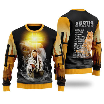 FUNSTUFFPRINT Jesus And Cat My Everything Ugly Christmas Sweater For Men & Women – Gifts For Christians Ugly Sweater