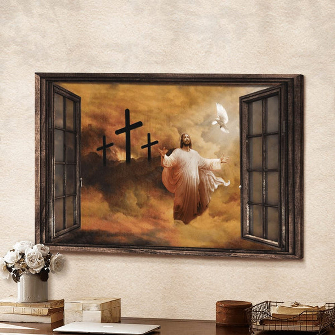Jesus And Dove The Rugged Cross Heaven's Lights Canvas Wall Art - Jesus Canvas Pictures - Christian Wall Posters