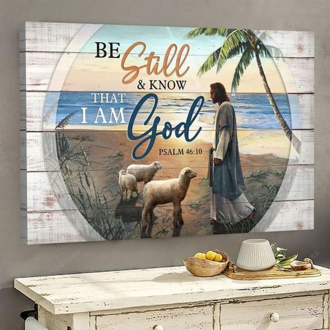 Jesus And Lambs On The Peaceful Beach Canvas Wall Art - Jesus Canvas Pictures - Christian Wall Posters