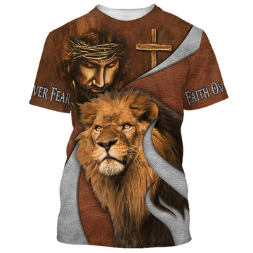 FUNSTUFFPRINT Jesus And The Lion Of Judah Shirts - Faith Over Fear 3D All Over Printed Shirt for Men and Women 3D T-shirt