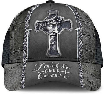 FUNSTUFFPRINT Jesus Cross Faith Over Fear All Over Print Baseball Cap - Christian Hats For Men Women