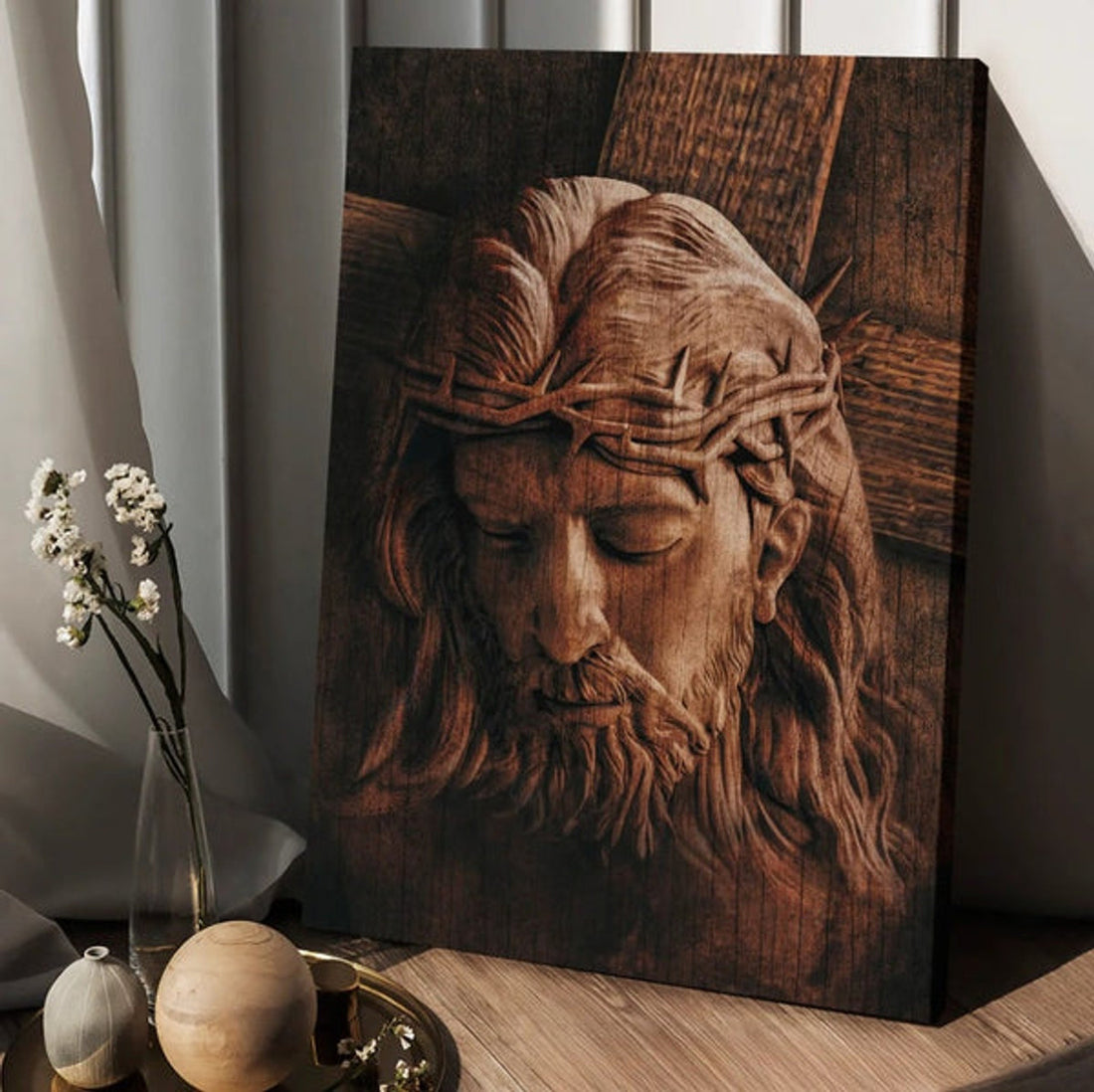 Jesus Crown Of Thorns Wooden Background Canvas Posters - Christian Wall Posters - Religious Wall Decor