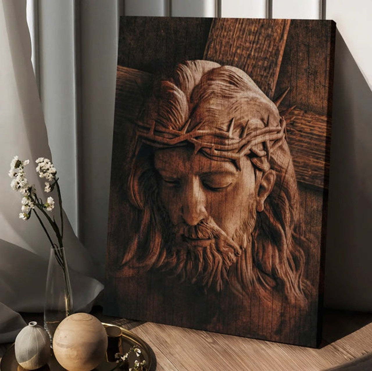 Jesus Crown Of Thorns Wooden Background Canvas Posters - Christian Wall Posters - Religious Wall Decor
