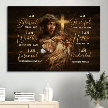Jesus Faith God Lion Head Motivational Quote I Am Bless For All I Have Believer In Jesus Canvas Wall Art - Christian Wall Decor