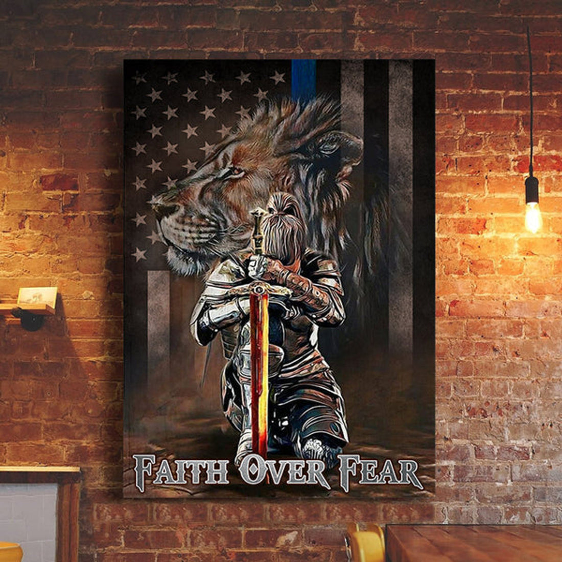 Jesus Faith Over Fear Lion American Flag Canvas Posters - Christian Wall Posters - Religious Wall Decor