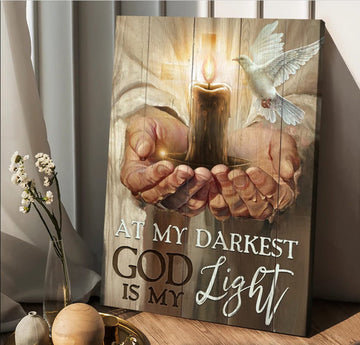 Jesus Hands Candle White Dove At My Darkest God Is My Light Canvas Posters - Christian Wall Posters - Religious Wall Decor