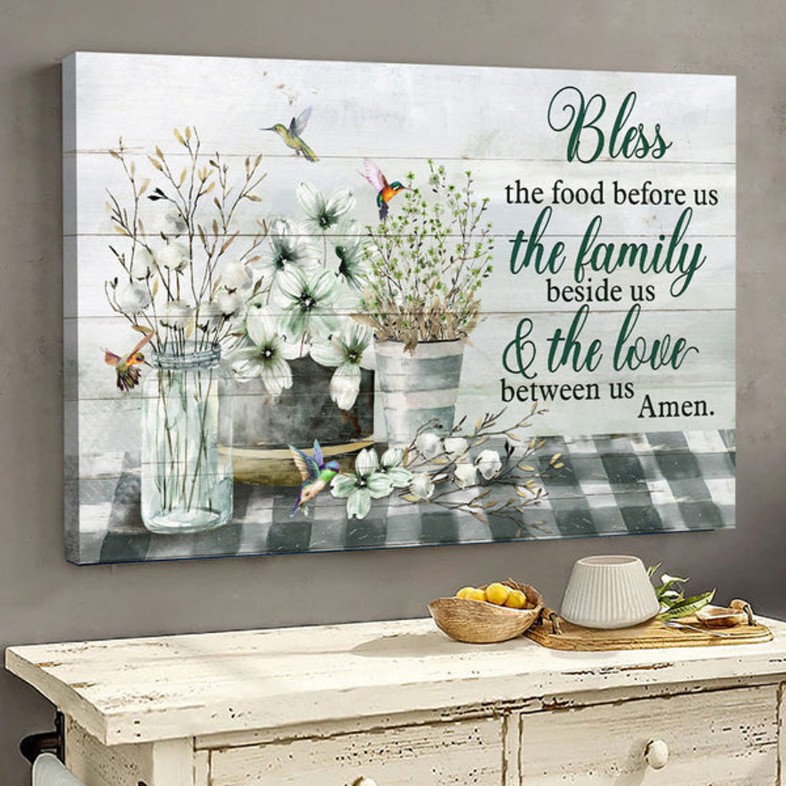 Jesus Hummingbird Flowers Bless The Food Before Us Canvas Wall Art - Christian Poster - Religious Wall Decor
