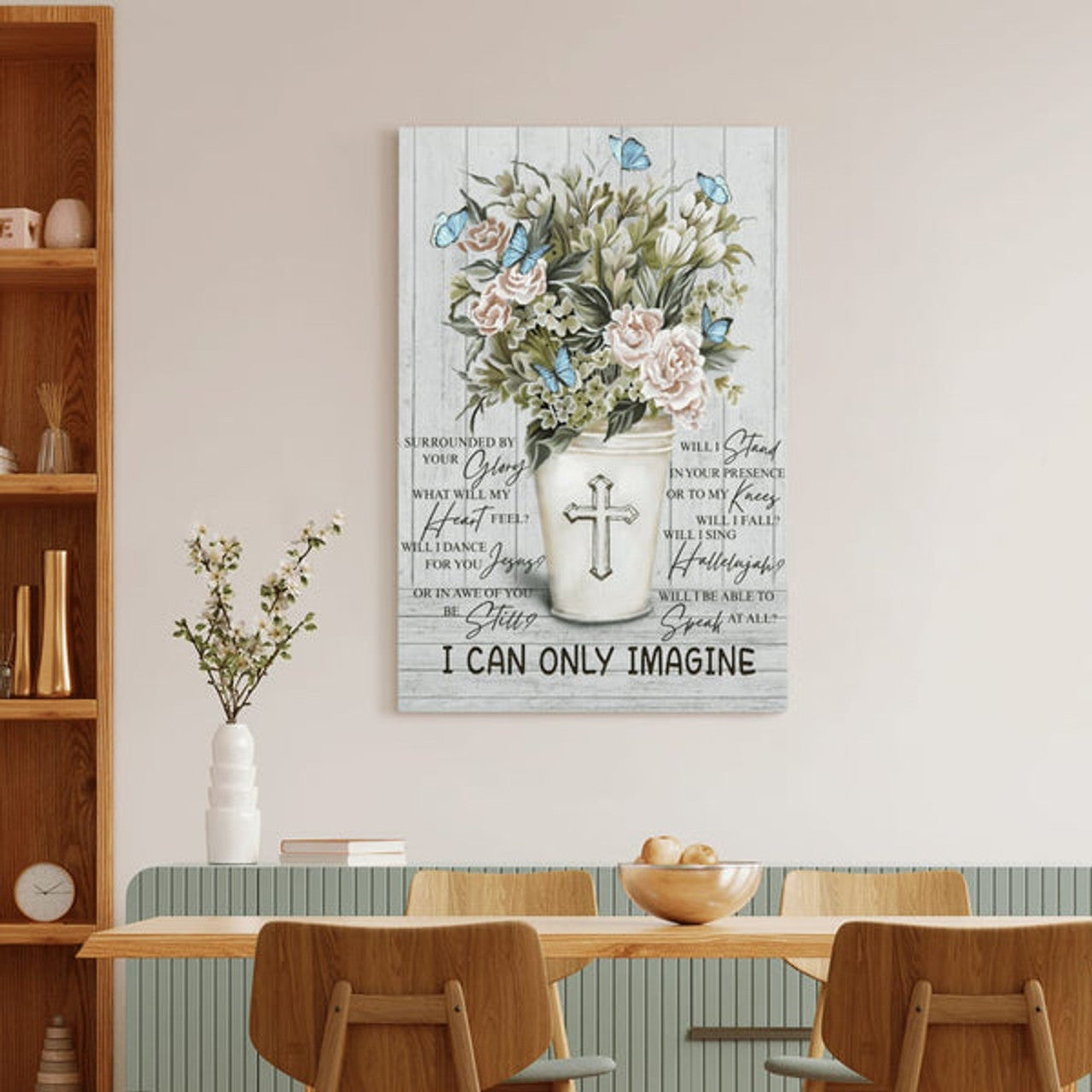 Jesus I Can Only Imagine Flower Cross Butterfly Wood Background Canvas Posters - Christian Wall Posters - Religious Wall Decor