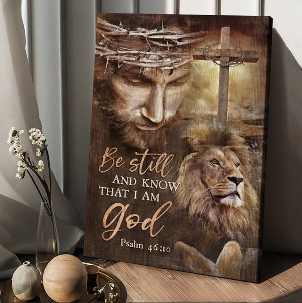 Jesus Lion Drawing Cross Be Still And Know That I Am God Canvas Wall Art - Christian Wall Posters - Religious Wall Decor