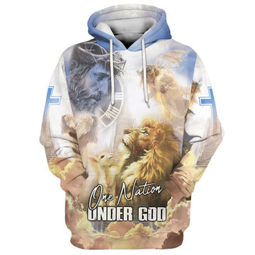 FUNSTUFFPRINT 3D Jesus Lion Lamb One Nation Under God 3D Hoodie and Zip Hoodie