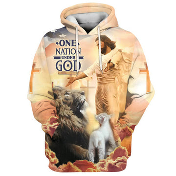 FUNSTUFFPRINT 3D Jesus Lion Of Judah Lamb Of God One Nation Under God 3D Hoodie and Zip Hoodie