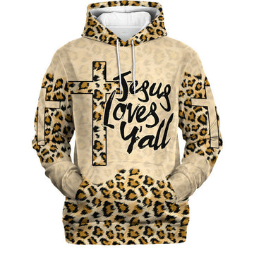 FUNSTUFFPRINT 3D Jesus Loves Y'all Cross Leopard Skin Pattern Hoodies Jesus Hoodie Men & Women Christian 3D Hoodie and Zip Hoodie