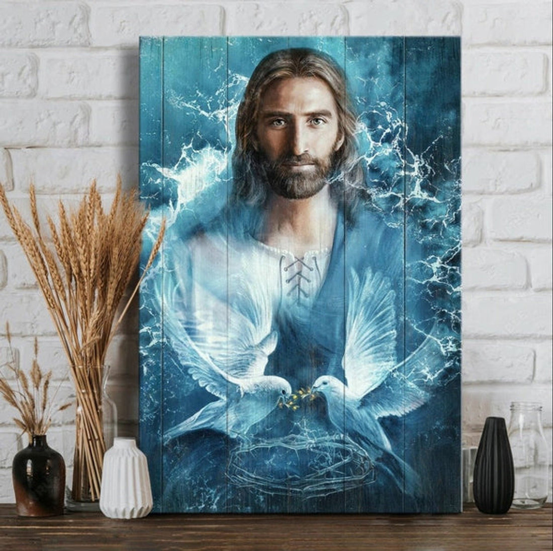 Jesus Painting Bird Couple Blue Water Canvas Wall Art - Christian Wall Posters - Religious Wall Decor