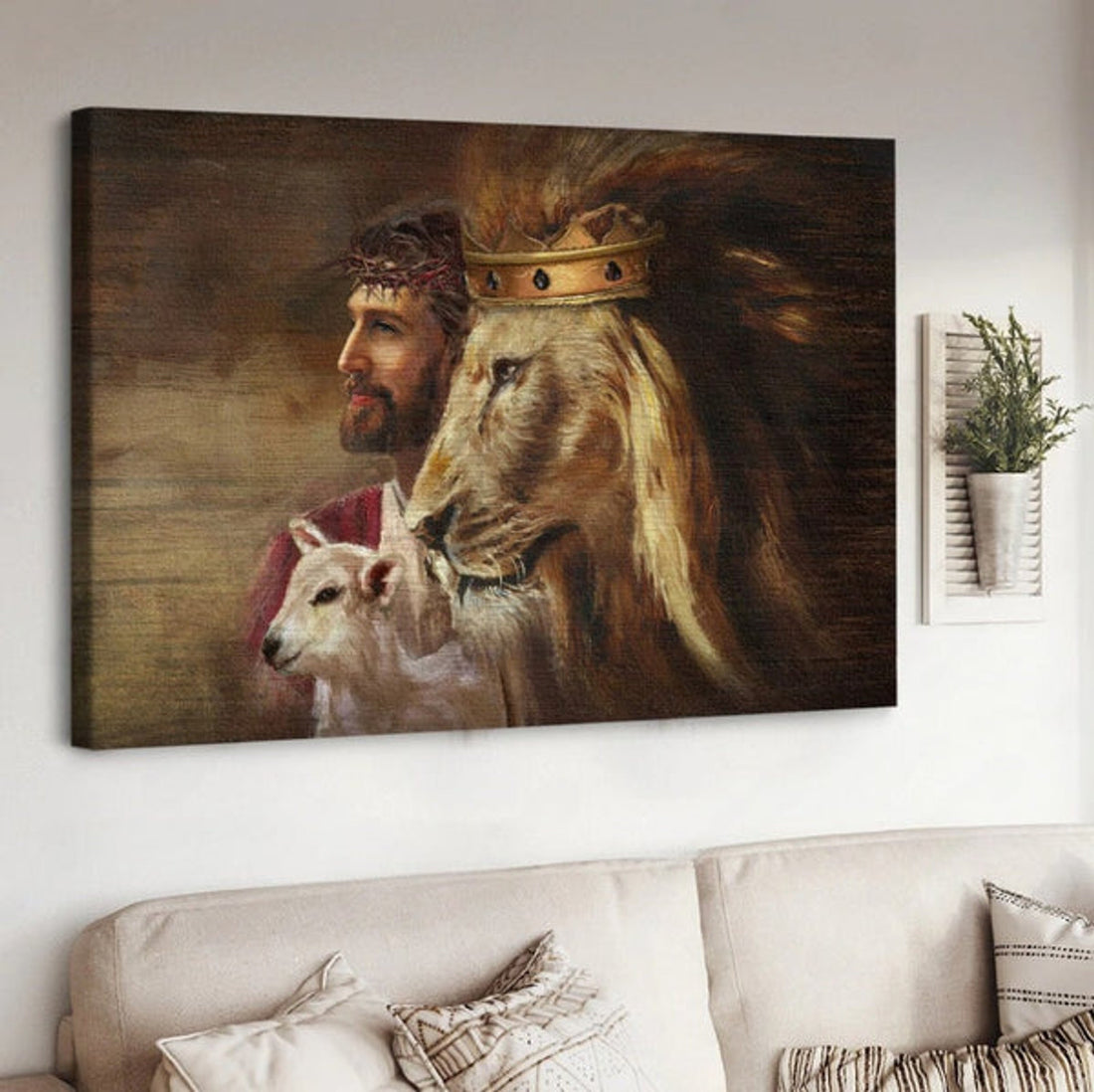 Jesus Painting Lion Lamb Canvas Wall Art - Jesus Canvas Pictures - Christian Wall Posters