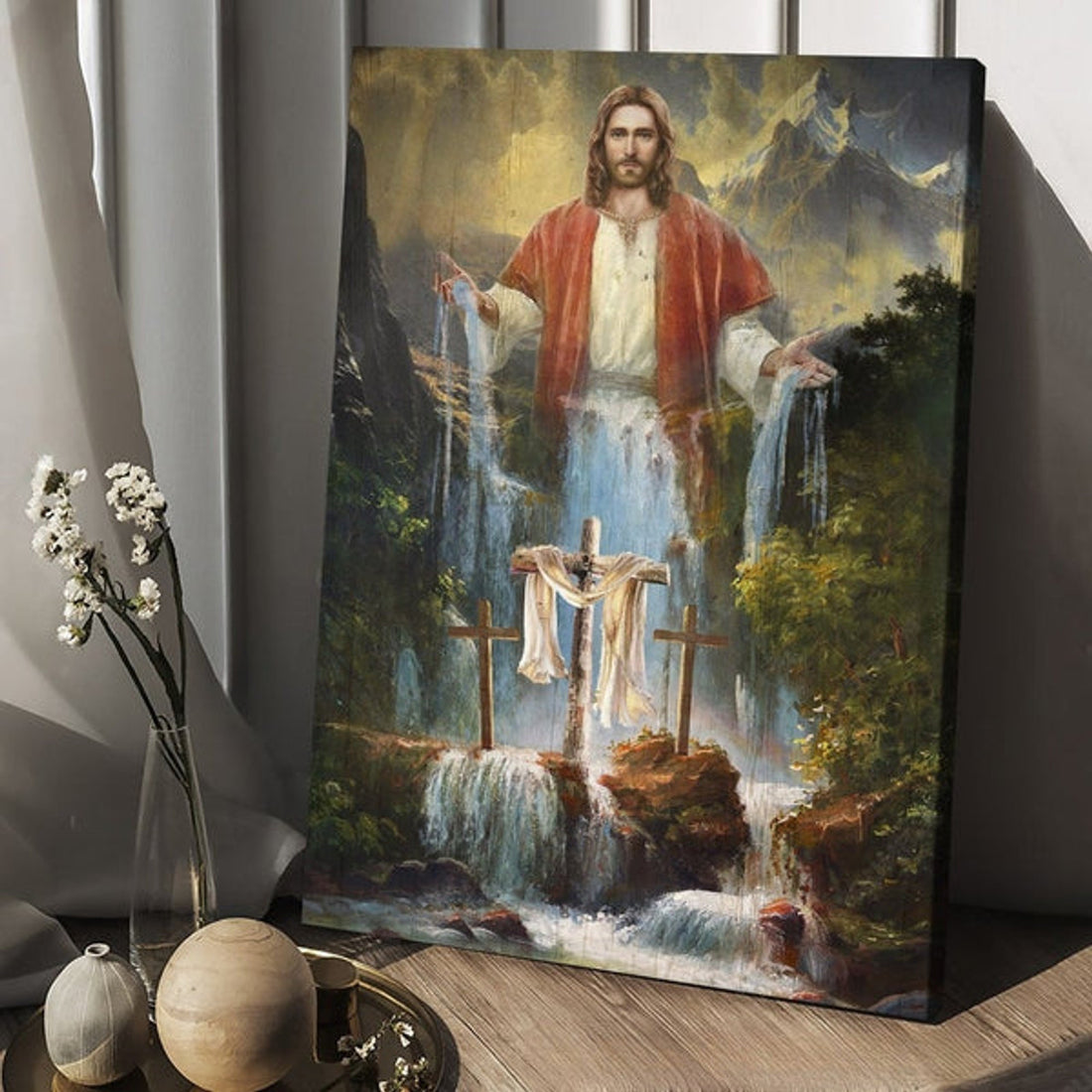 Jesus Painting Waterfall Beautiful Forest Canvas Wall Art - Christian Wall Posters - Religious Wall Decor