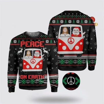 FUNSTUFFPRINT Jesus & Santa Peace On Earth Ugly Christmas Sweater For Men & Women – Gifts For Christians Ugly Sweater