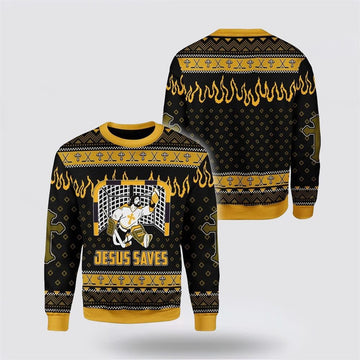 FUNSTUFFPRINT Jesus Saves Hockey Ugly Christmas Sweater For Men & Women Adult – Gifts For Christians Ugly Sweater