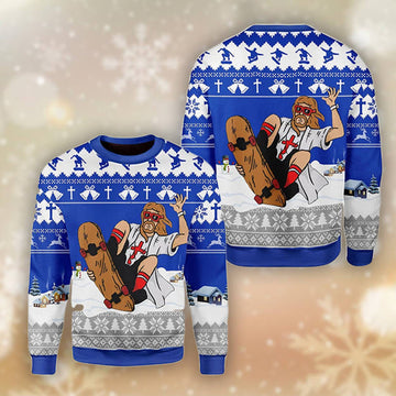 FUNSTUFFPRINT Jesus Skateboarding Christmas Ugly Christmas Sweater For Men & Women - Jesus Christ Sweater - Christian Shirts Gifts Idea Ugly Sweater