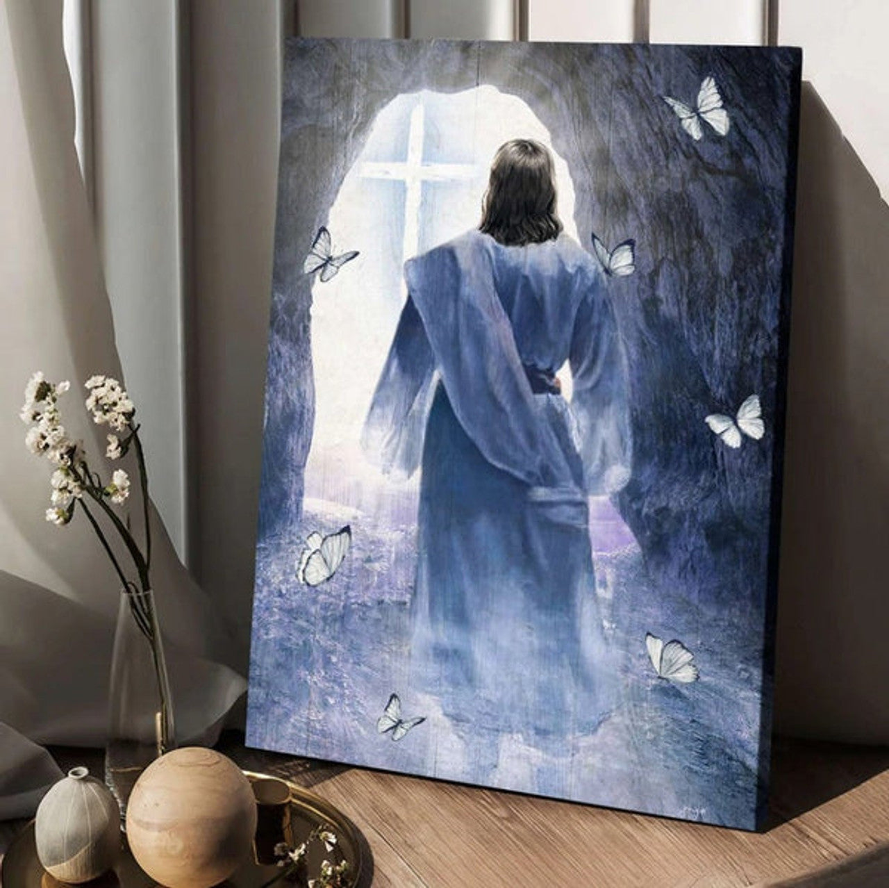 Jesus Walking Butterfly Path To Heaven Cave Painting Canvas Wall Art - Christian Wall Posters - Religious Wall Decor