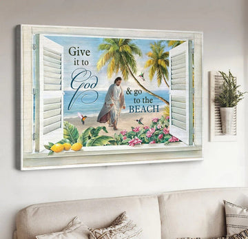 Jesus Walks Sand Beach Palm Trees Give It To God And Go To The Beach Canvas Wall Art - Jesus Canvas Pictures - Christian Wall Posters