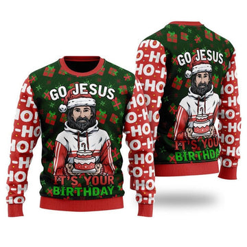 FUNSTUFFPRINT Jesus’s Birthday Go Jesus Ugly Christmas Sweater For Men & Women – Gifts For Christians Ugly Sweater